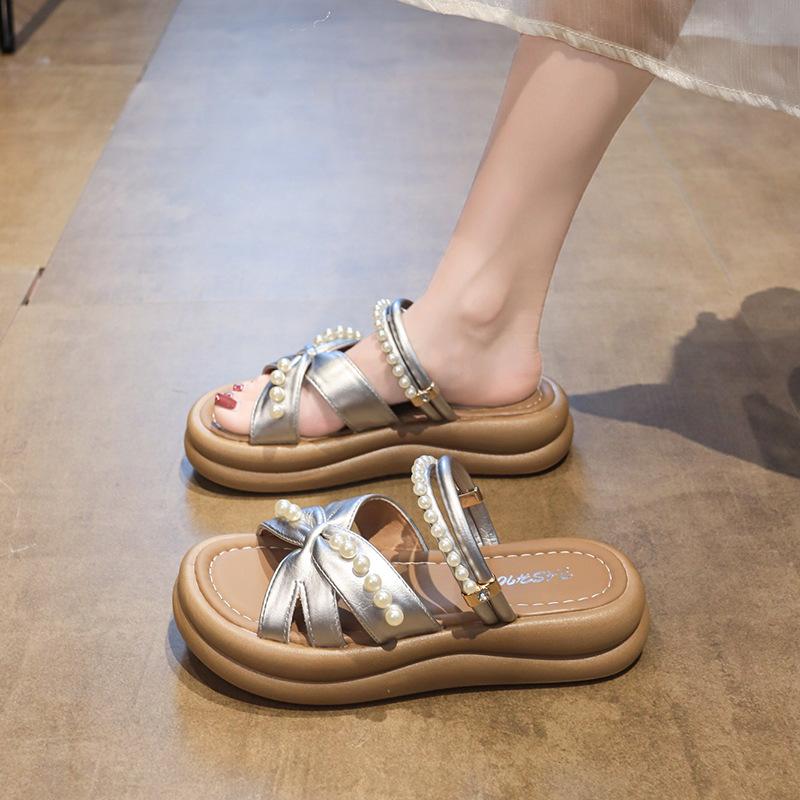 Pearl thick-soled women's cool slippers women's summer wear new models with skirts fashionable pregnant women's flip-flops