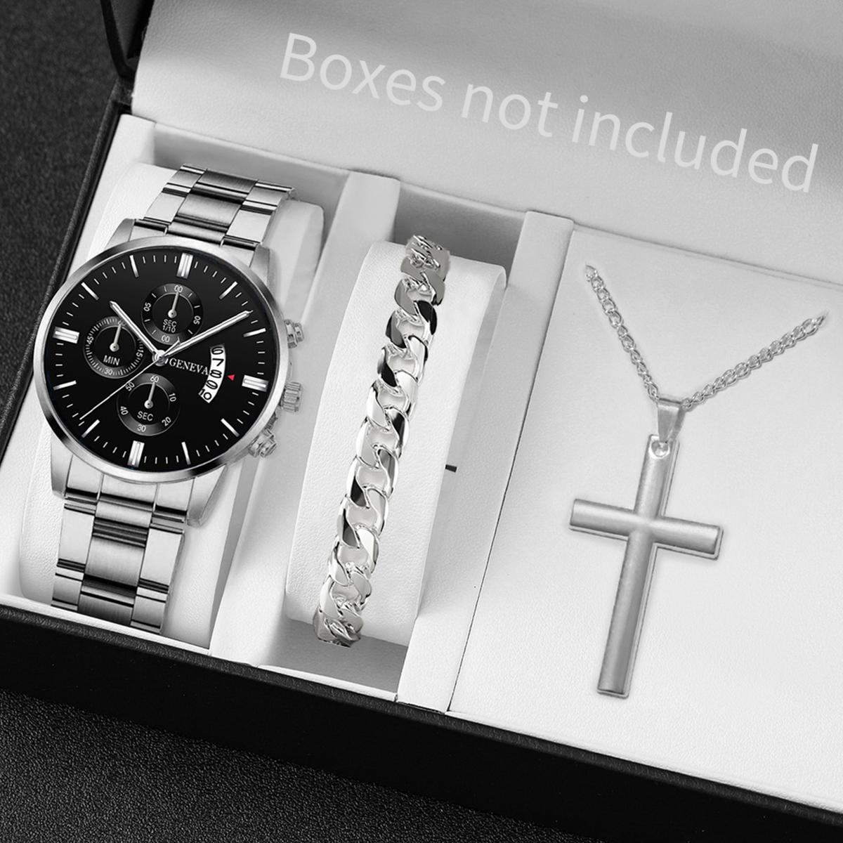 

3PCs/Set Men Watch Fashion High-end Stainless Steel Strap Men Business Quartz Watch Bracelet Necklace Set
