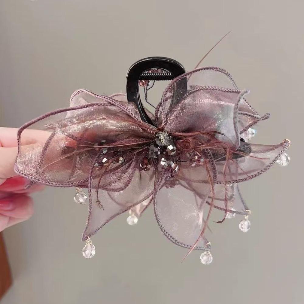 Sheer Tulle Crystal Pendant Spark Crystal Hair Jaw Clip Elegant Tulle Claw Clip Daily Style
