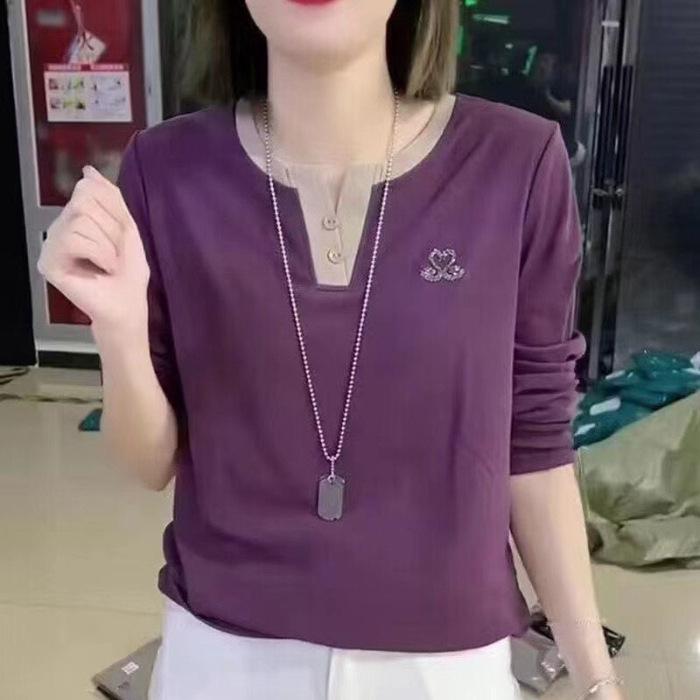 V-neck Long-sleeved T-shirt Casual Women's Fashion Top Spring and Autumn