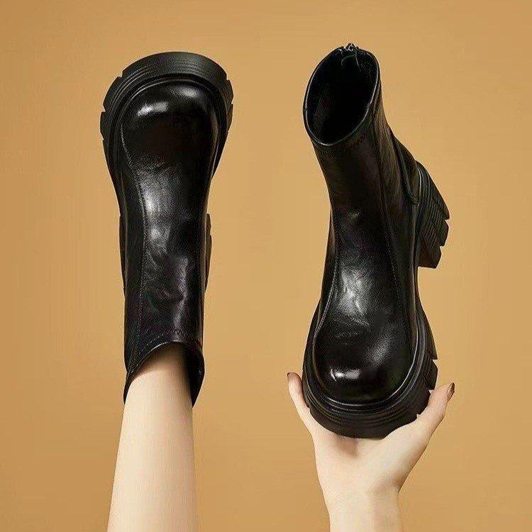 Women s New Fashion High Heel Martin Boots Thick Bottom Soft Leather Platform Ankle Boots 35 чёрный