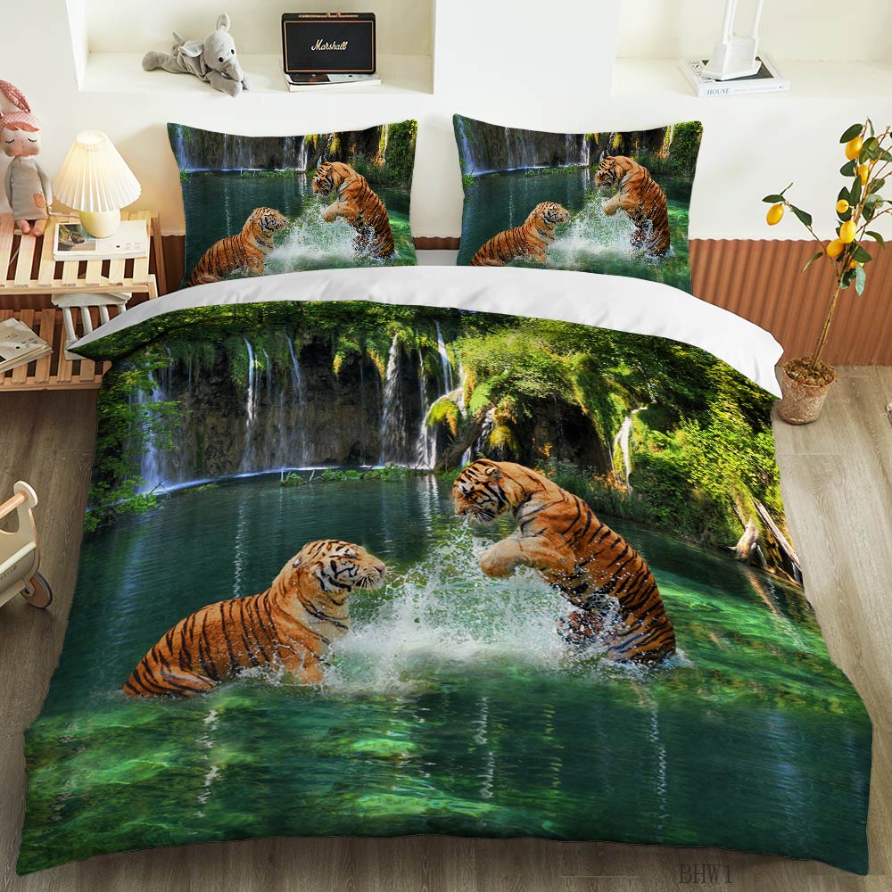 Tiger Lion Leopard Duvet Cover Set Animal Theme 3D Bedding Set King Queen Size For Kids Boy Girl Teens Polyester Comforter Cover