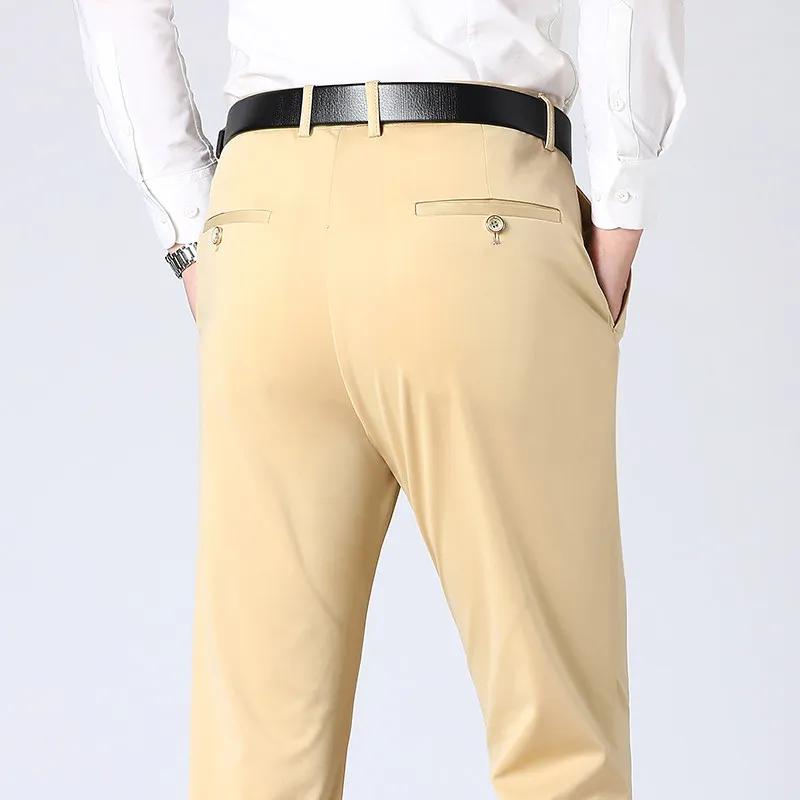 

Spring Summer Men Casual Dress Pants Stretchy Suit Pants Men Thin Ice Silk Formal Business Pants Man Classic Navy Blue Trousers 34 хакі
