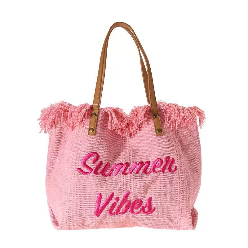 Women's Large Capacity Canvas Tote with Embroidered Letters - Braided Beach & Shoulder Handbag