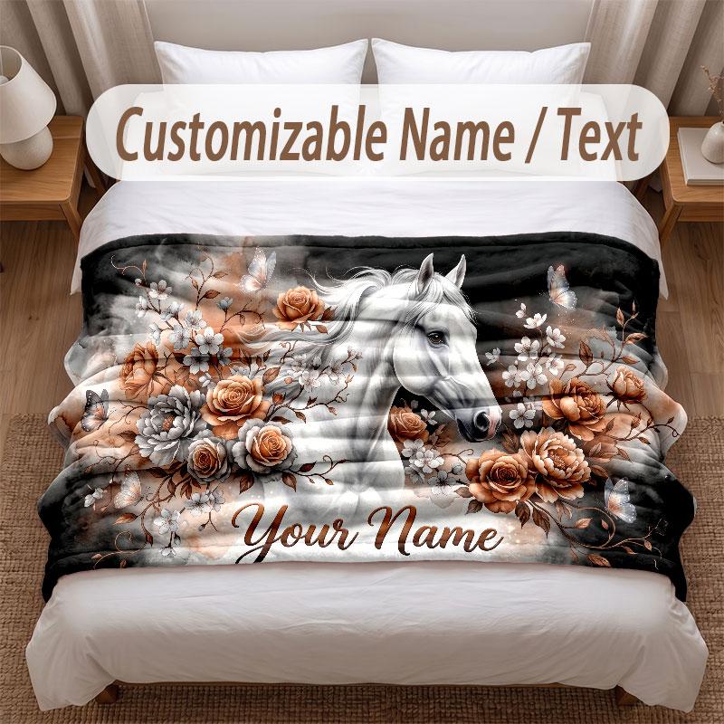 Horse Theme Soft Blanket Personalized Custom Name Text Print Warm Blanket Home Sofa Bedroom Decor