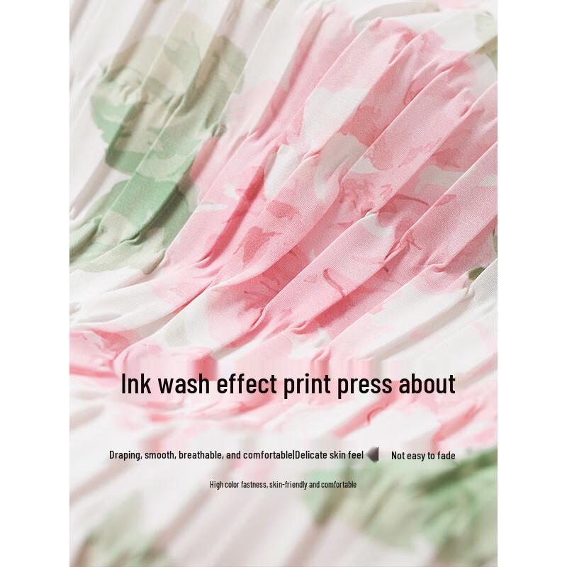 Chinese Style Ink Wash Floral Pleated Camisole Dress