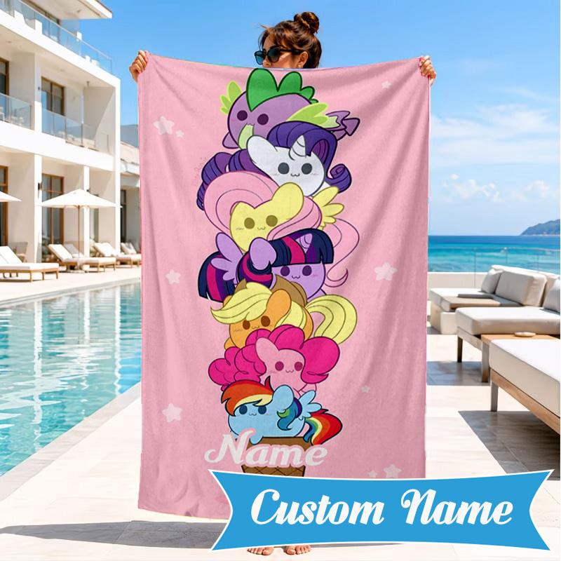 Custom Name Pony Friends Forever Beach Towel Microfiber Beach Towel, Lightweight and Quick-Dry, for Summer Travel, Swimming Pool Gift