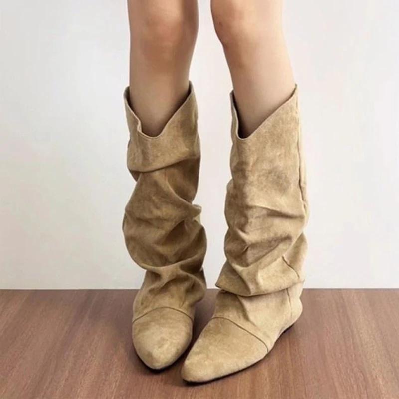 Flats Women Knee High Boots Suede Pointed Toe Designer Shoes Fashion Winter Long Boots  Chelsea Boots Brand Mujer