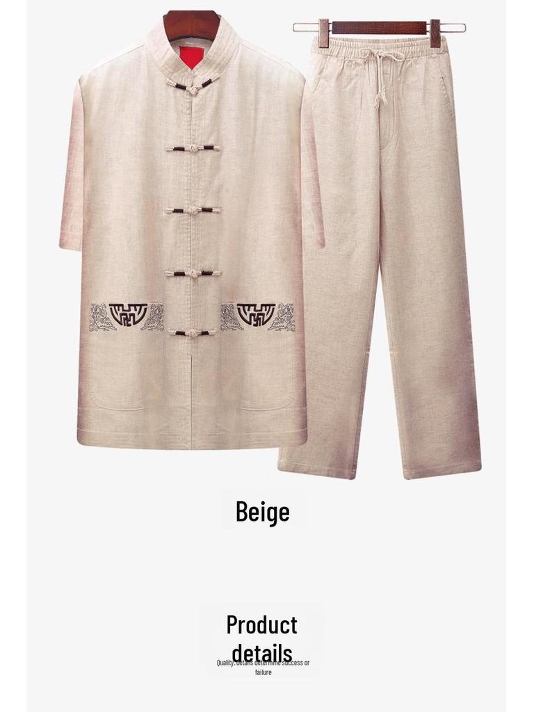Men's Cotton & Linen Tang Suit - Short-Sleeved Chinese Style Summer Outfit for Middle-Aged & Elderly