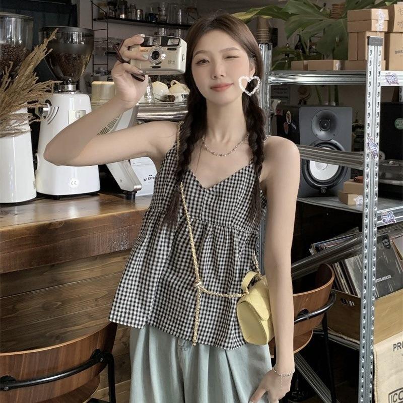 French chic small vest suspender women's summer new small wear design sense retro plaid versatile top