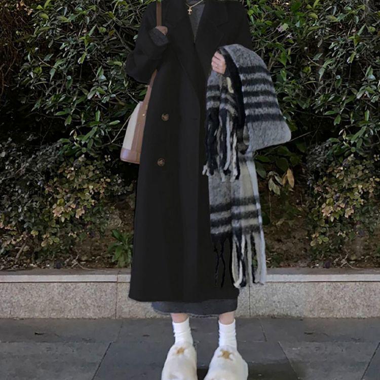 

Women s Explosive Black Woolen Coat - Korean Style, Slimming, Mid-Length, Over-the-Knee, New for Autumn/Winter 2025 Black Autumn Thin