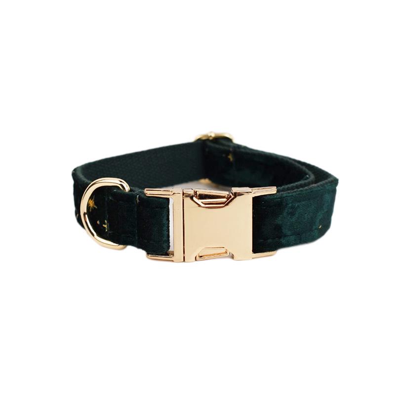 Green Star Velvet Dog Collar & Leash for Small to Large Dogs - Engravable XS