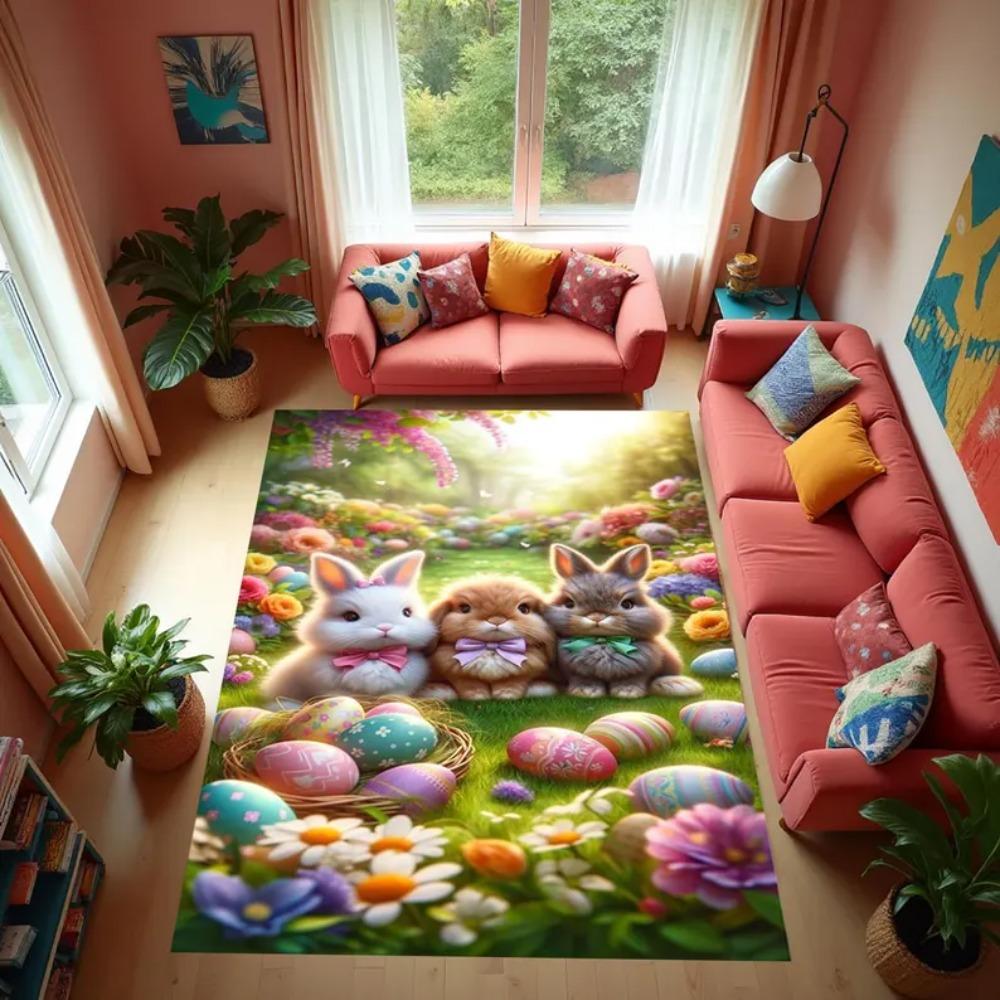 Tapis de Pâques Tapis Tapis avec Trois Lapins Œufs Floral Prairie Printanière Décoration de Maison pour Salon Tapis de Bienvenue Paillasson