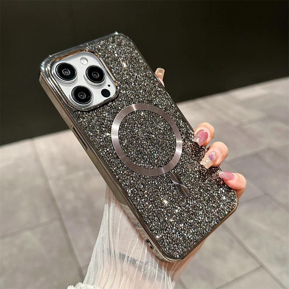 Luxusní třpytivý diamantový magnetický kryt na telefon pro IPhone 17 16 15 14 Plus 13 12 Pro Max pro Magsafe kryt pro bezdrátové nabíjení
