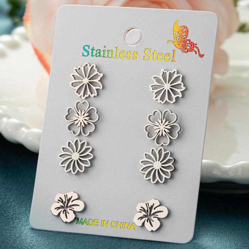 4Pairs/Lot Fashion Stainless Steel Star Moon Stud Earrings Sets for Women Small Flower Porker Dog Earings Jewelry Gift
