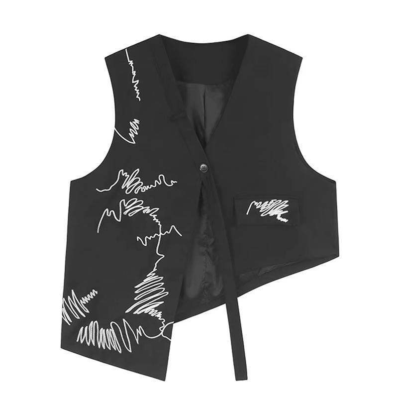 

Xitao Женский жилет с V-образным вырезом и пуговицами с нерегулярной вышивкой HQQ2456 One Size чёрный