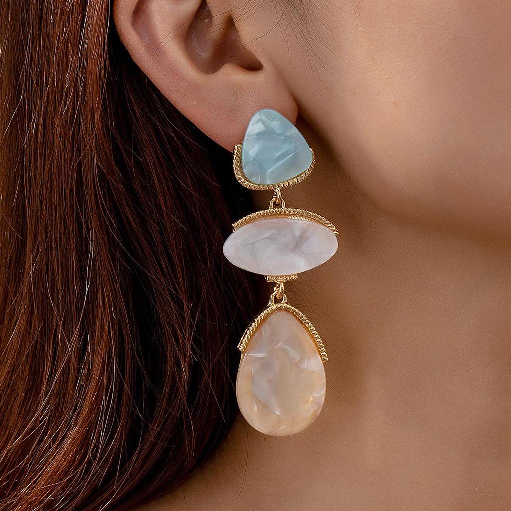 Retro Geometric Resin Patchwork Water Drop Dangle Earrings