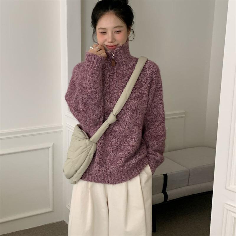 Flower Yarn Half Zipper Pullover Knitted Sweater Outer Wear Autumn and Winter New Loose Versatile Sweater Women's Top Thick