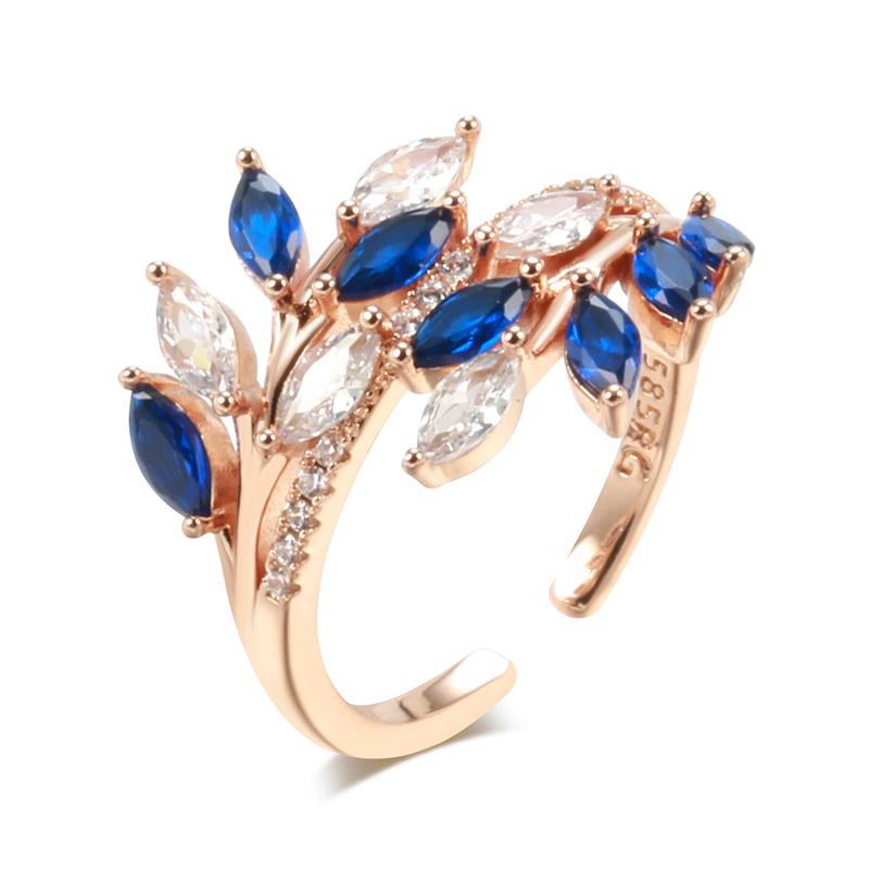 Luxury Full Paved Blue Purple Green Natural Zircon Open Rings For Women  Rose Gold Color Hollow Flower Vintage Jewelry