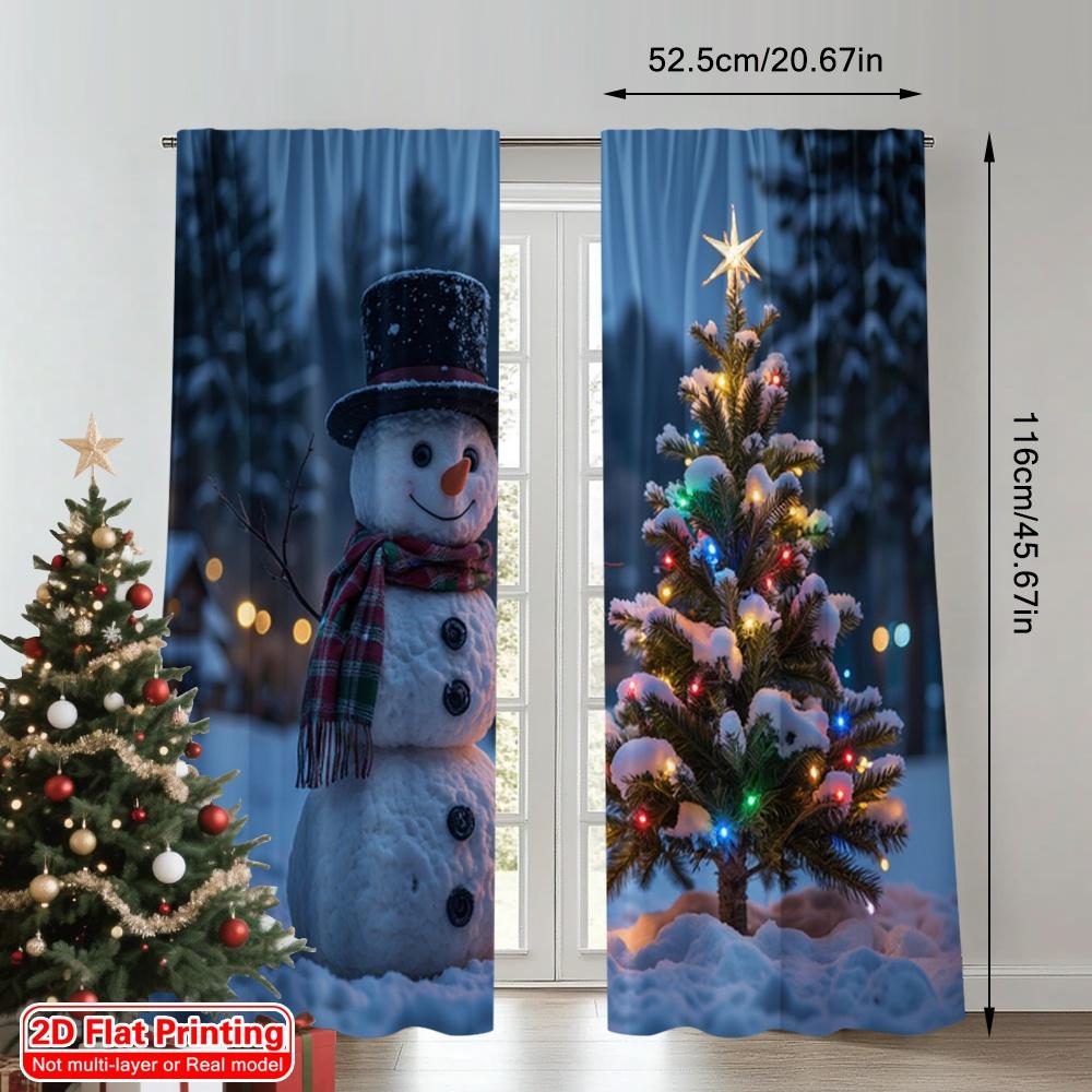 2pcs 2D Flat Printing Merry Christmas Party Curtains Winter Snowman Christmas Tree 100% Polyester Without Electricity Festive