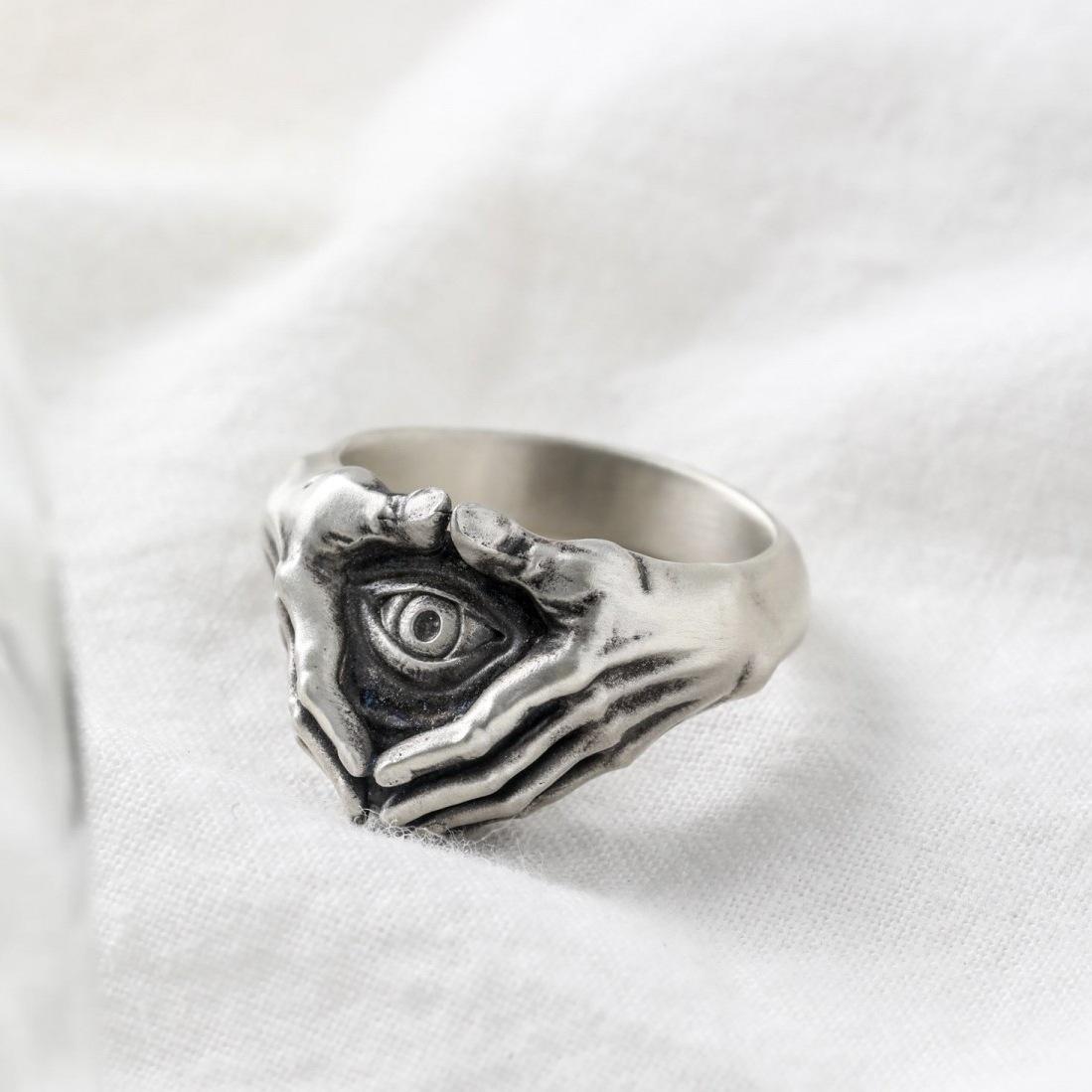 

Personality Trend Ancient Silver Hand Eye Triangle Open Rings for Women Men Designer Creative Stainless Steel Artistic Jewelry resizable