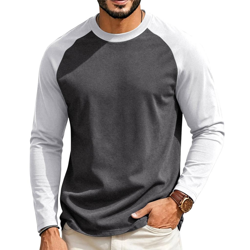 T-shirt da uomo a maniche lunghe raglan, girocollo, vestibilità regular, casual, leggera, tessuto morbido, comoda per l'uso quotidiano