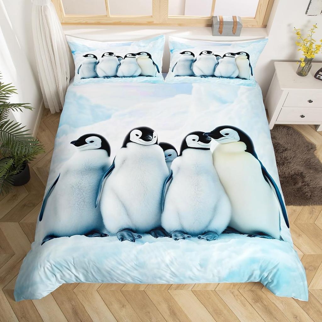 Penguin Duvet Cover Twin Queen Size Antarctic Animal Bedding Set For Kids Boys Girl Cartoon Black White Wildlife Comforter Cover