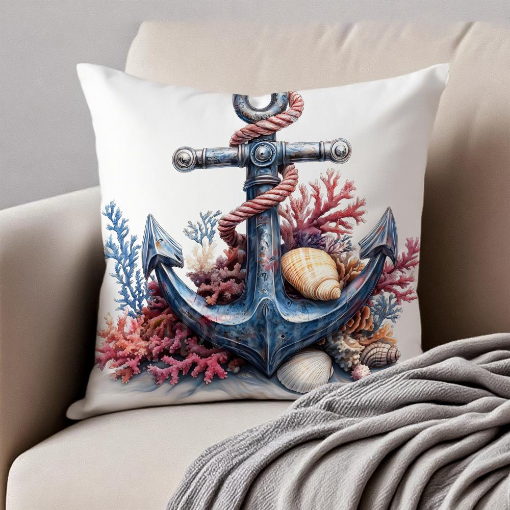 MMarine Theme Rudder Anchor Pillow Nautical Cushion Cover Pillowcase Antidustmite Invisible Zipper Short Plush Sofa Cushion
