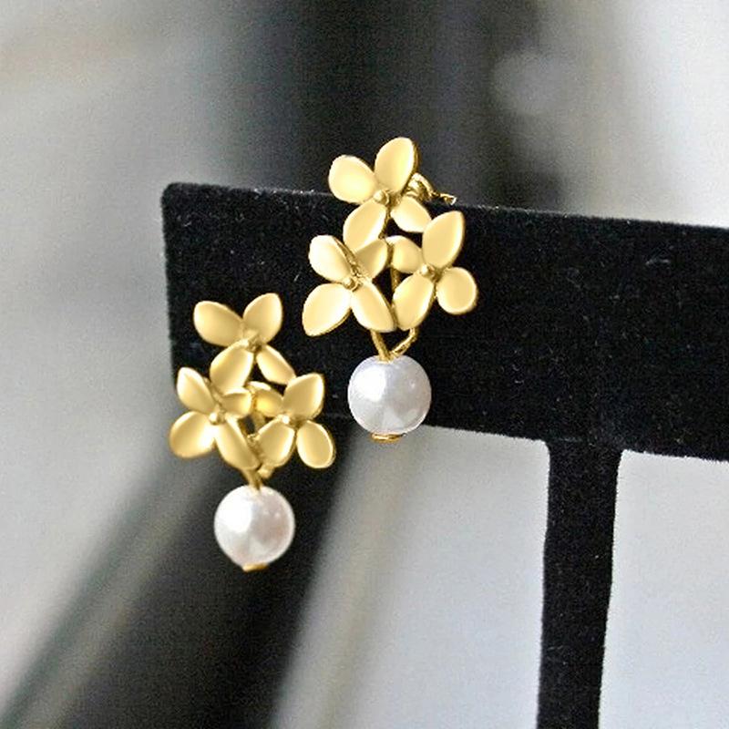 

1Pc Fashion Lily Temperament Flower Earrings, Imitation Pearl Geometric Jewelry золотой