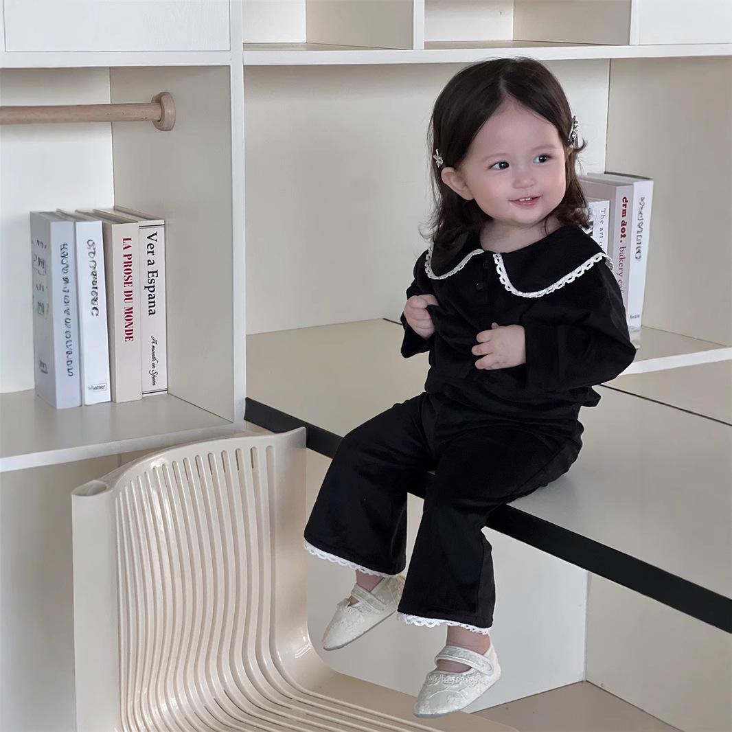

Осенний комплект-двойка для девочек в корейском стиле: Милый детский комплект с отложным воротником 90 cm чёрный
