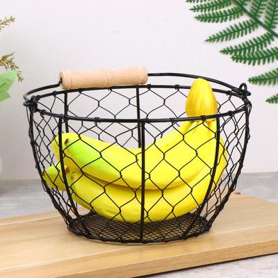 Round Metal Wire Egg Basket with Handle, Multipurpose Storage Organizer for Fruits & Vegetables, Kitchen & Picnic Use