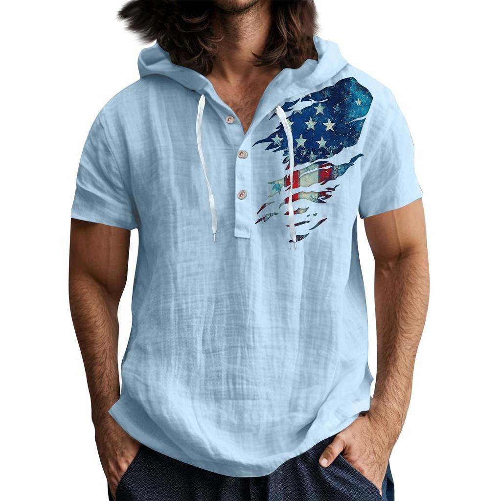 Men'S Casual Short Sleeved Hooded Top Buttoned Open Neck T-Shirt