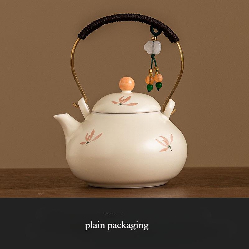 

Chinese Ceramic Large Capacity Tea Set Household Tea Making and Boiling Teapot Beige Glazed Orchid Tied Rope Handle Teapot
