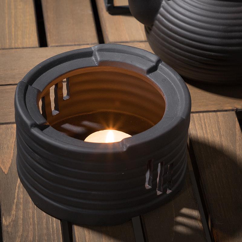 Retro Japanese Ceramic Tea Set with Candle Warmer and Flower Teapot