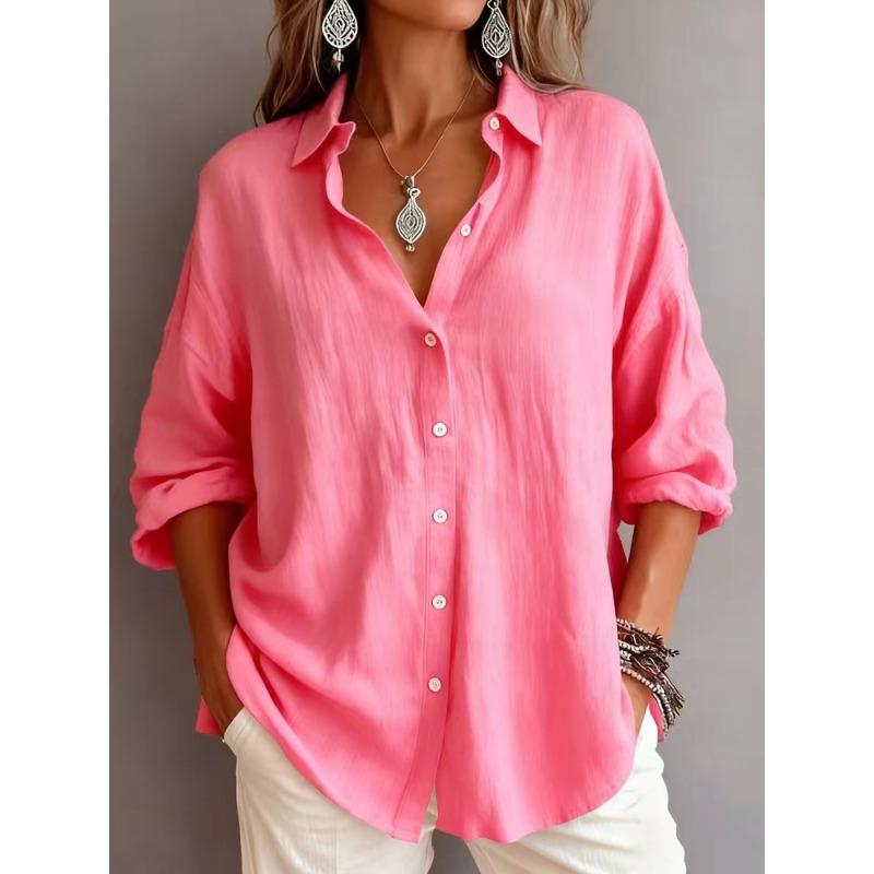 Womens Casual Loose Solid Color Long Sleeve Lapel Button Down Shirt