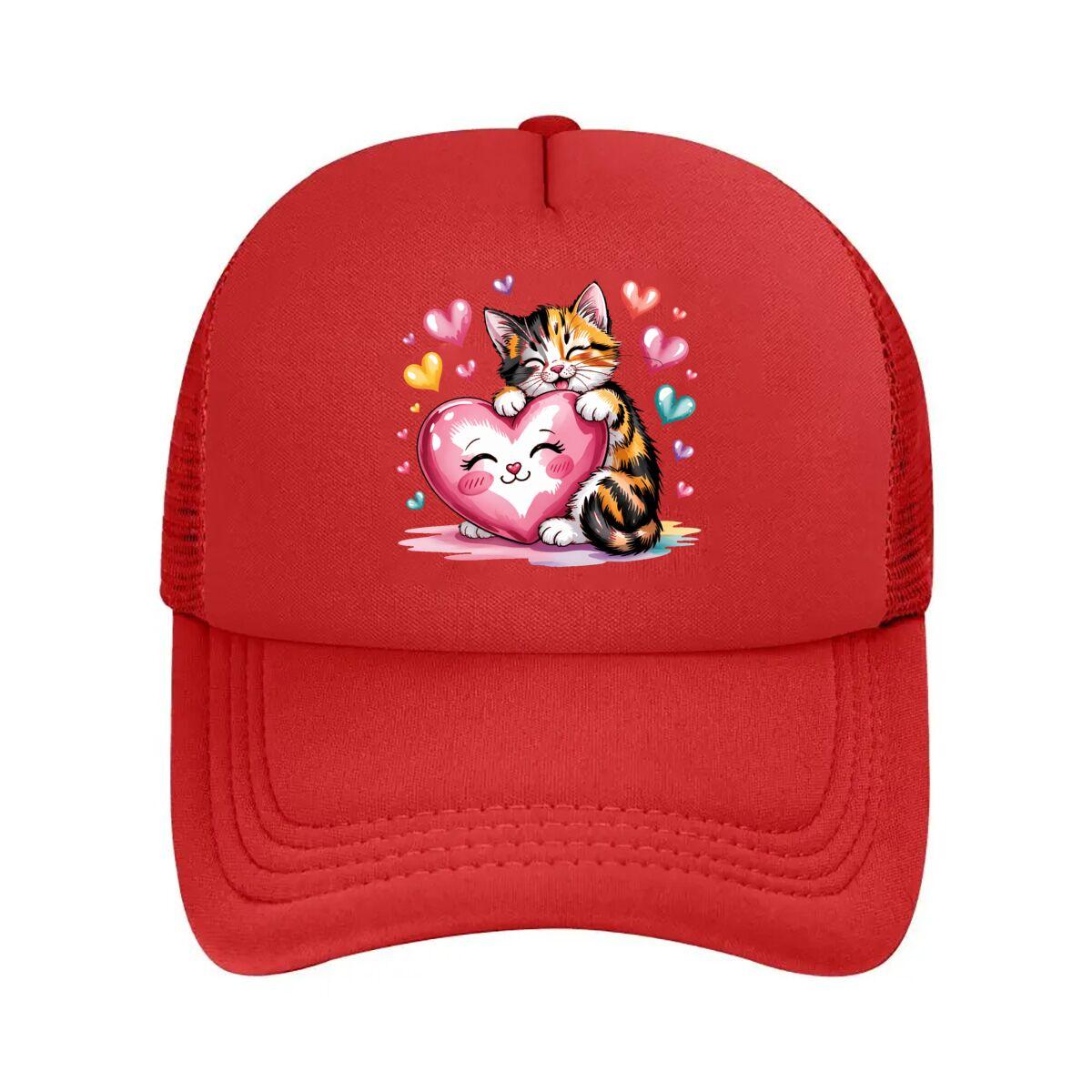 Cute Kitten Holding Heart Valentine Day Illustration  Mesh Baseball Cap Hip Hop Adjustable