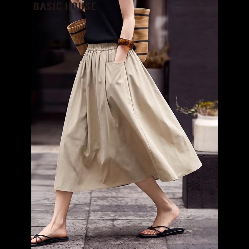 Basic House Women s High-Waist A-Line Midi Skirt L