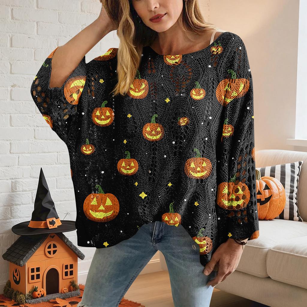 Halloween Crochet Pumpkin Sweater Women, Oversized Pumpkin Knit Pullover,Witch Hat Cozy Fall Sweater
