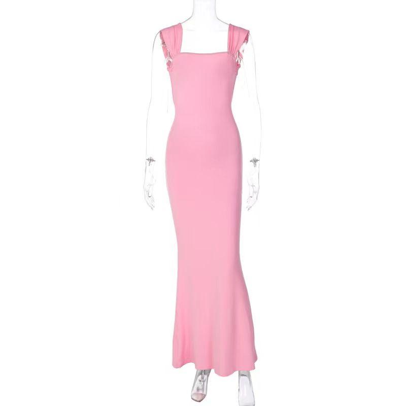 

Western Style Temperament Sexy Straps Backless Sling Sheath Dress Lace up Open Back Dress Pink M