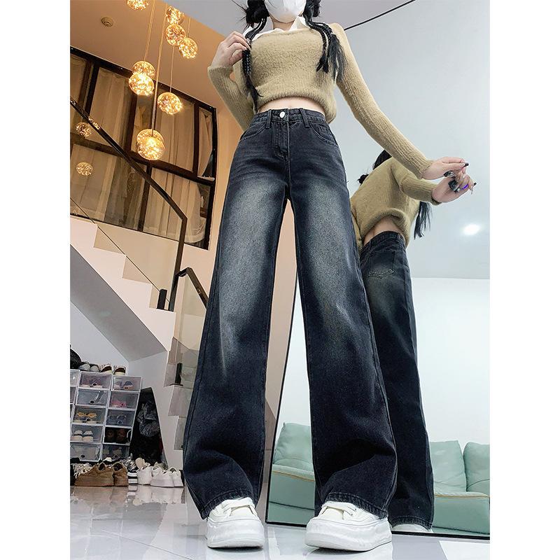 Women's Plus Size High Waist Fleece-Lined Wide Leg Jeans - Slimming Retro Style, Straight Floor-Length Pants for Winter 2024.
