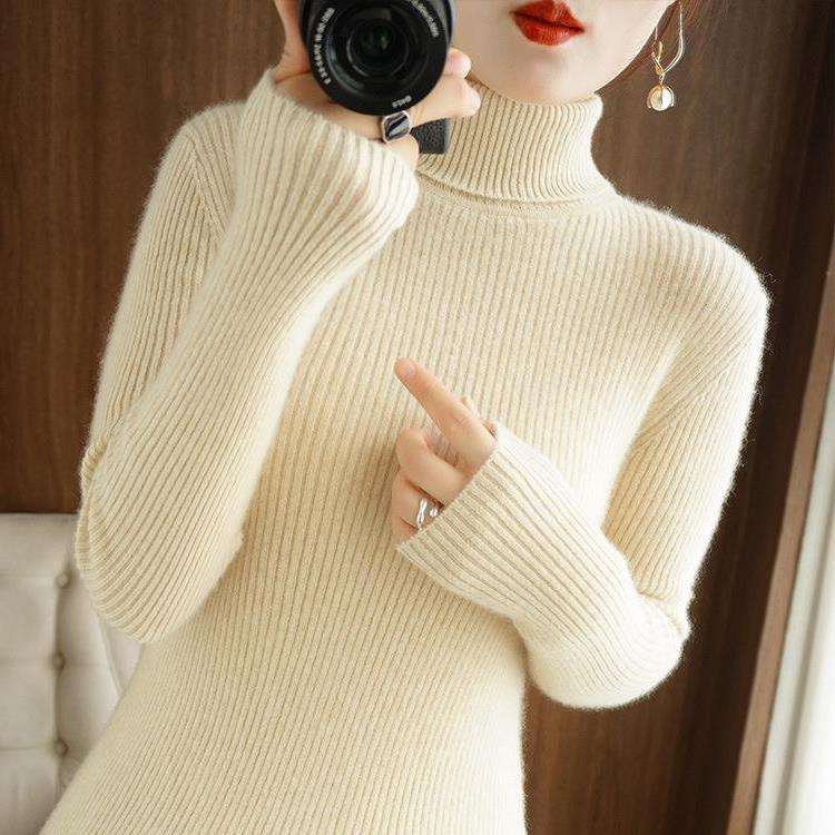 Women's Autumn Winter High Neck Slim-Fit Ribbed Knit Base Layer Sweater for Office Wear