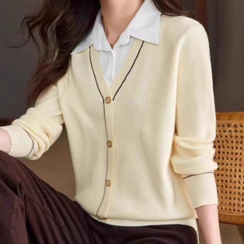Fake two-piece knitted t-shirt women's long-sleeved autumn new shirt collar contrasting color splicing thin casual top spring