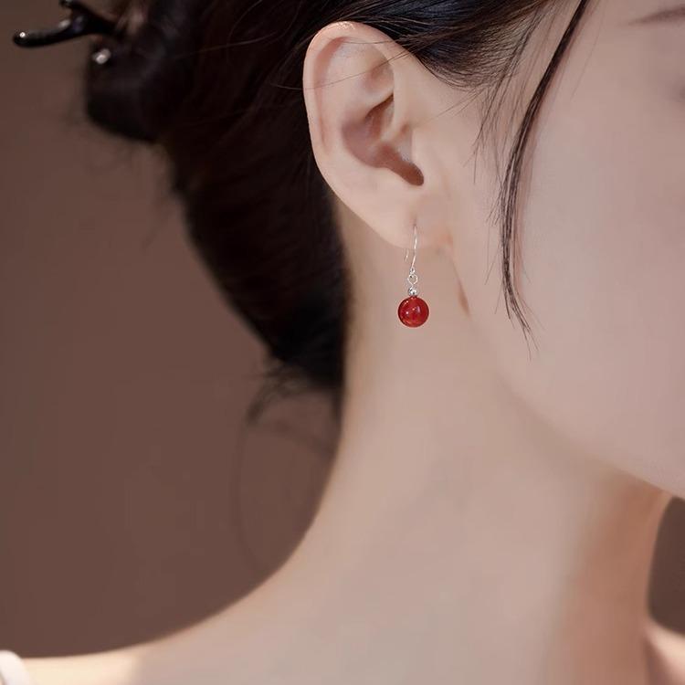 Hetian Jade and Red Agate Earrings - S925 Silver, Vintage High-End Design for Women, Autumn/Winter 2023