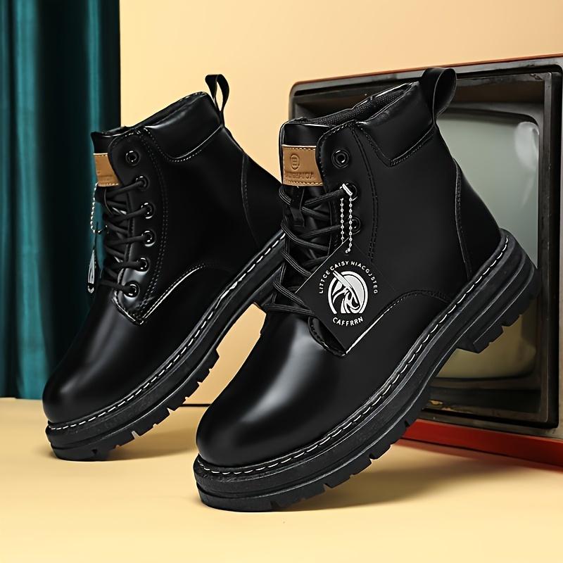 Pánské kožené boty s vysokým svrškem, ležérní/vysokoškolský/streetový styl, jednobarevné, krátký kotníkový design, kulatá špička - módní pánská obuv