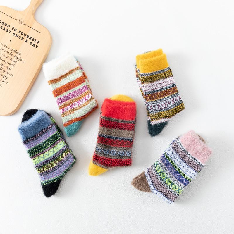 5 Pairs of Female Autumn and Winter Imitation Mink Wool Thick Warm Ethnic Rabbit Wool Tube Socks