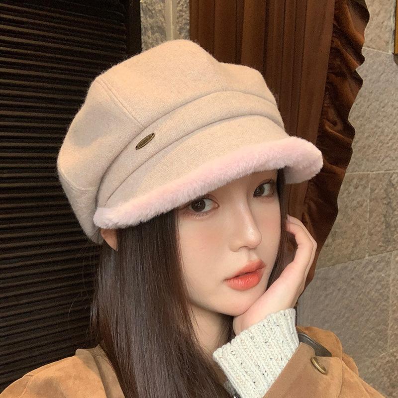 Fisherman Hat Women's Autumn and Winter New Fashion Revealing Small Versatile Basin Hat Plus Velvet Warmth Ear Protection Octagonal Hat Trendy