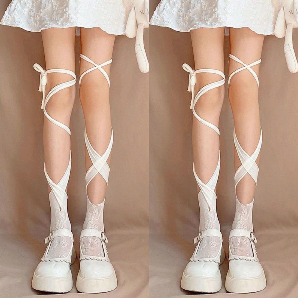 2Pairs Irregular Straps JK Lace-up Stockings Hollow Split Toe Socks  Ladies Girl