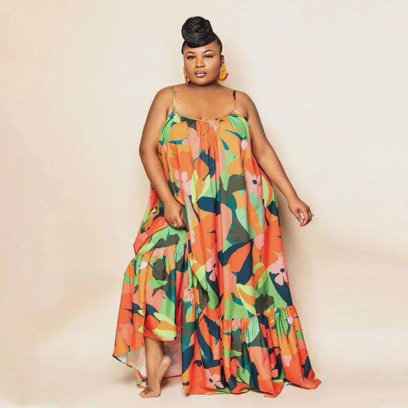 Léto 2023 Evropské a americké maxi šaty s volnými rameny a plisováním - Dámská móda plus size s potiskem