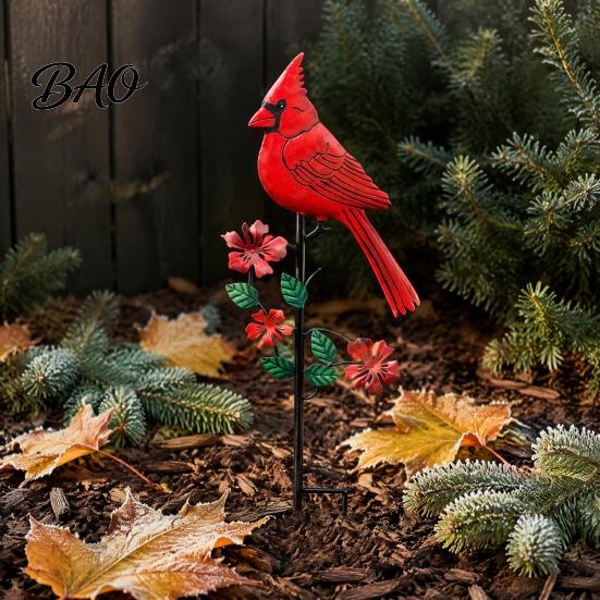 Metal Garden Stakes Red Bird Stake, Cardinals Yard Art 2D Weather Resistant Lawn Flat Flowers Decoration for Outdoor Flower Bed Pathway Nature