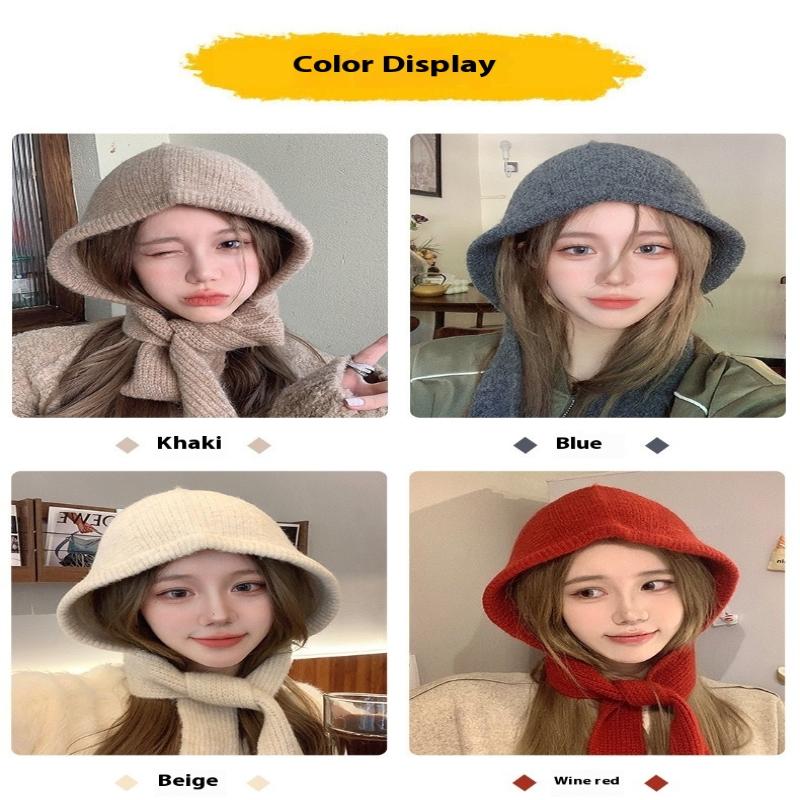 Korean Hood Scarf Balaclava Hat Ear Protection Warm Bomber Hats Women Retro Strap Bow Beanies Winter Accessories Knitted Law Hat